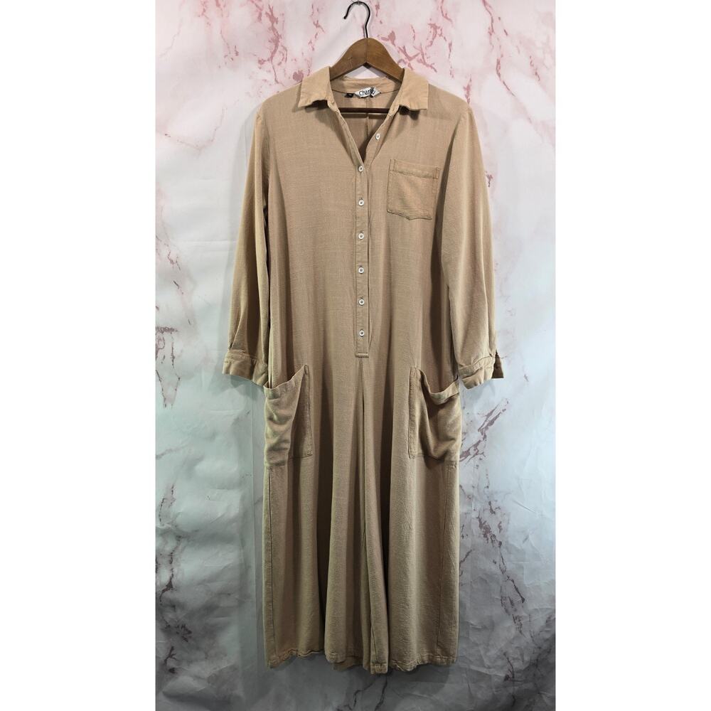 Chartou Jumpsuit Womens Medium Linen Blend Beige Wide Leg Lagenlook Boho Palazzo